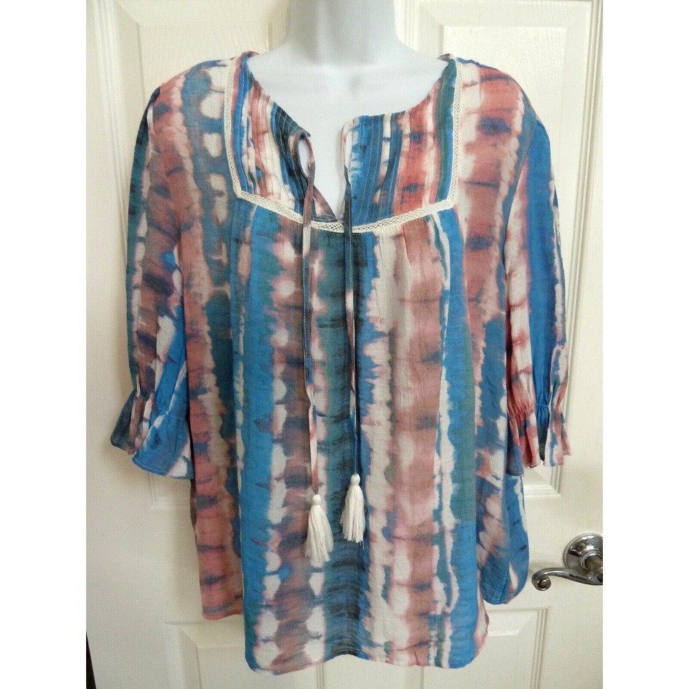 Zac & Rachel Womens L Tie Dye Boho Blouse 3/4 Puff Sleeve Tassel Pin Tuck Top